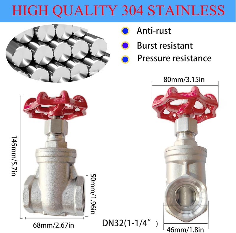 GUXGUY 304 Stainless Steel Gate Valve DN32, 1-1/4" NPT Stainless Steel Female Threaded Rotary Globe Valve for Water Flow Switches, Fuel Water Vapor, Air Switches, Air Compressors and Sump Pumps, etc - Image 2